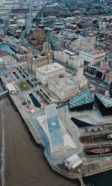 A drone shot from above the waterfront in Liverpool