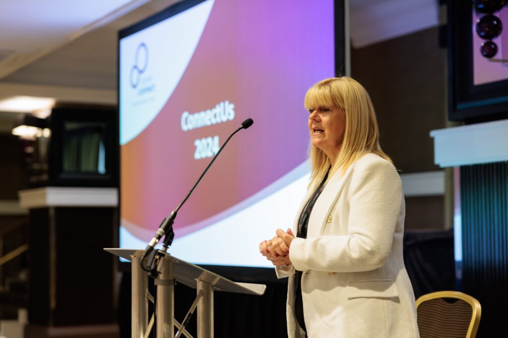 Career Connect CEO, Sheila Clark at a lecture at the ConnectUs event speaking
