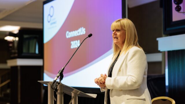 Career Connect CEO, Sheila Clark at a lecture at the ConnectUs event speaking