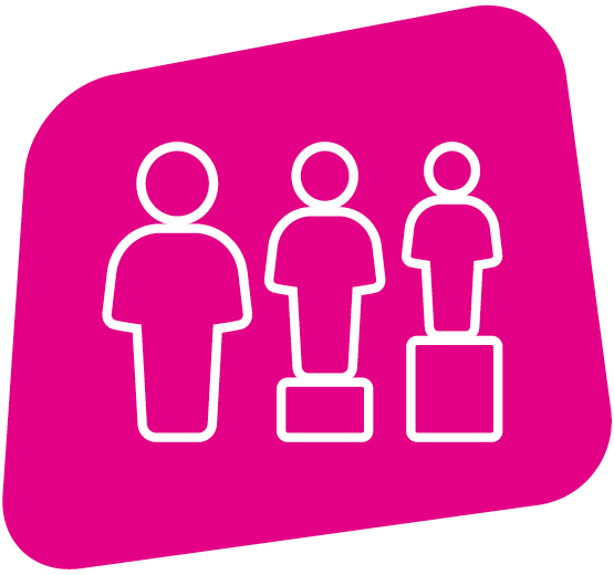 A white icon against a pink background. Three people in a row. One is standing unaided. One is a slightly smaller person standing on a bolster. The next is shorter than the last, and is standing on a taller bolster. All three are the same height, symbolising equity.
