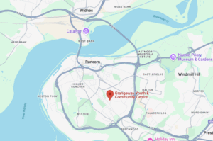 A map of Runcorn, showing the location of the Grangeway Youth & Community Centre