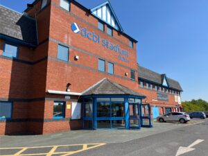 The reception entrance door at the DCBL Stadium in Halton