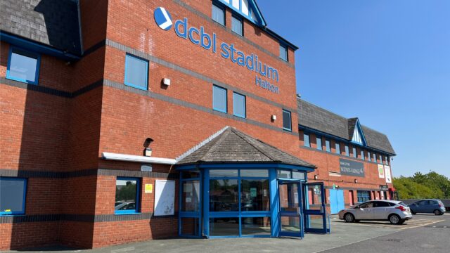 The reception entrance door at the DCBL Stadium in Halton