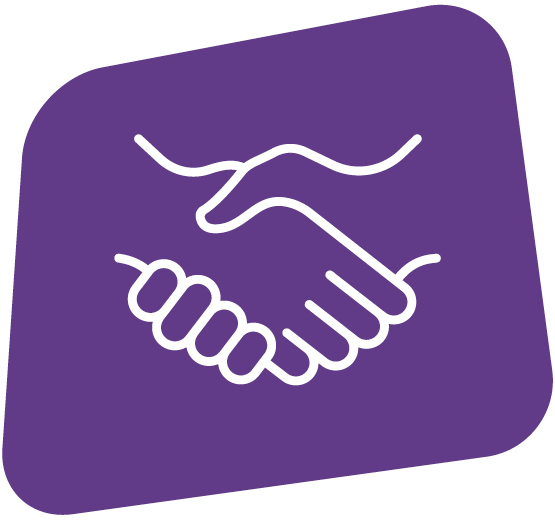 An white icon of people shaking hands against a purple background