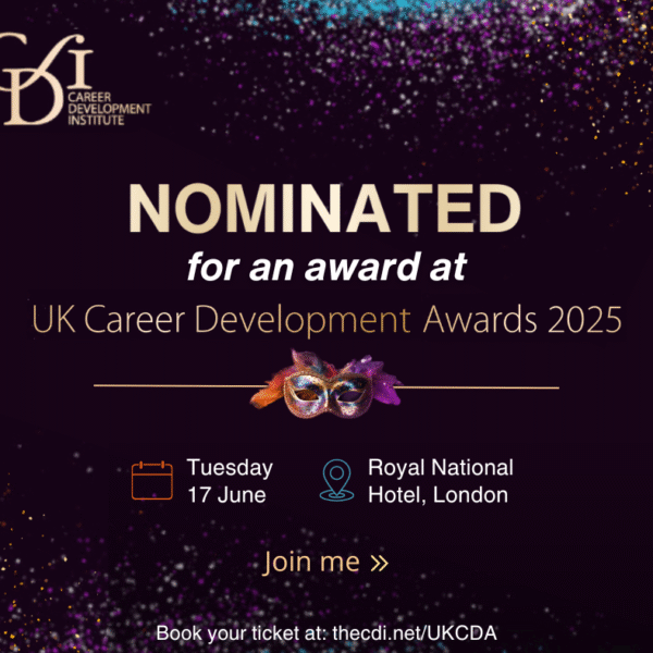 Graphic with a masquerade mask and the text: Nominated for an Award at the Career Development Awards!