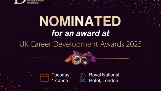 Graphic with a masquerade mask and the text: Nominated for an Award at the Career Development Awards!