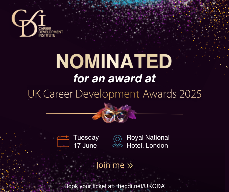 Graphic with a masquerade mask and the text: Nominated for an Award at the Career Development Awards!