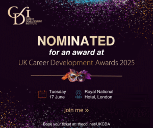 An image that states Career Connect has been 'Nominated for an award at the UK Career Development Awards'