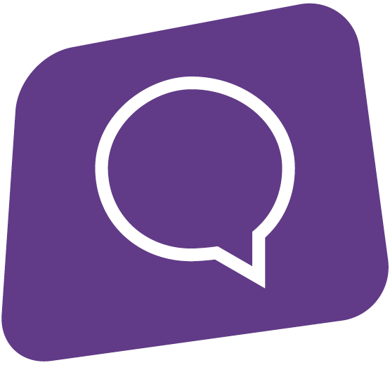 An white icon of a speech bubble, against a purple background.
