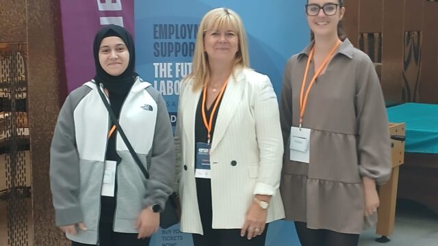 An image of female youth Ambassador Yasmina standing next to Career Connect CEO Sheila Clark and Youth Participation Co-ordinator Alicia Murray at the ERSA (Employment related services association) conference, where our ambassador was on panel.
