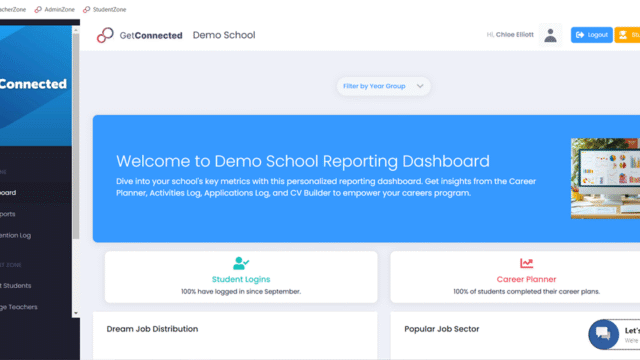 A screenshot of the digital careers platform Get Connected showing the admin view reporting dashboard
