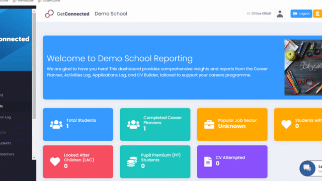 A screenshot of the digital careers platform Get Connected showing the admin view