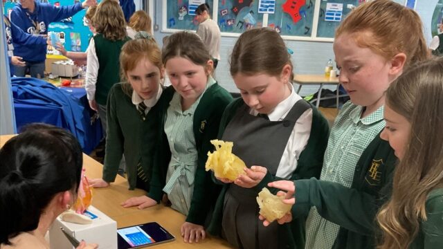 a group of primary school girls at a careers event listening to a professional whilst interacting with 3d printed objects
