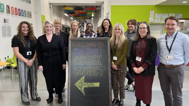 A photo of some of Career Connect's Education and Business team, smiling, at the Career Connect event at the Hive