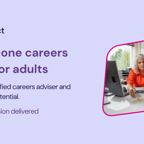 A picture of a female adviser talking to a female job seeker. With text: one-to-one careers advice for adults, Speak to a qualified careers adviser and explore your potential. 45 minute session delivered via MSTeams.
