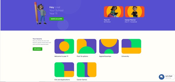 A screenshot of the digital careers platform Get Connected showing several available lessons