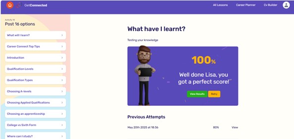 A screenshot of the digital careers platform Get Connected showing an example of a quiz results screen.