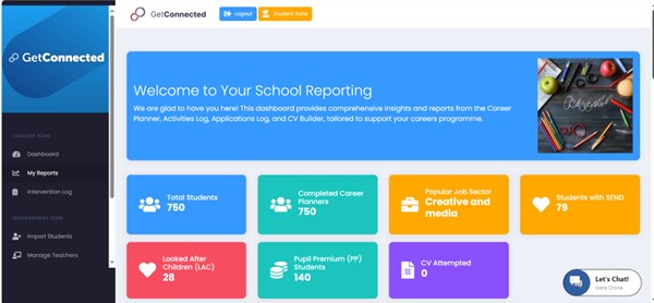 A screenshot of the digital careers platform Get Connected showing the Teachers Zone.