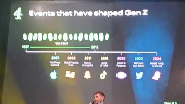 Joe Hall from channel 4 on stage at Raise Up. Behind him is a large screen with a timeline that says 'Events that have shaped Gen Z'