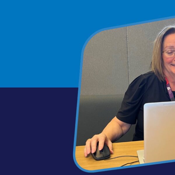 Banner featuring a picture of a woman using a laptop