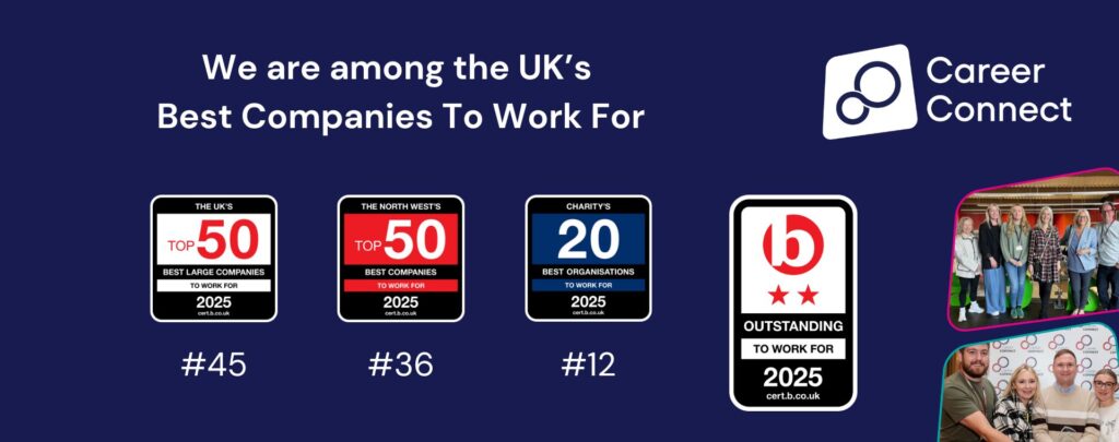 Graphic featuring pictures of Career Connect staff with the text: "We're among the UK's best companies to work for" alongside the Career Connect logo and the Best Companies two-star accreditation. There are also three award badges reading: No. 45 in the Top 50 large companies to work for. No. 36 in the Top 50 Northwest companies to work for, and No. 12 in the Top 20 charities to work for.