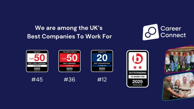 Graphic featuring pictures of Career Connect staff with the text: "We're among the UK's best companies to work for" alongside the Career Connect logo and the Best Companies two-star accreditation. There are also three award badges reading: No. 45 in the Top 50 large companies to work for. No. 36 in the Top 50 Northwest companies to work for, and No. 12 in the Top 20 charities to work for.