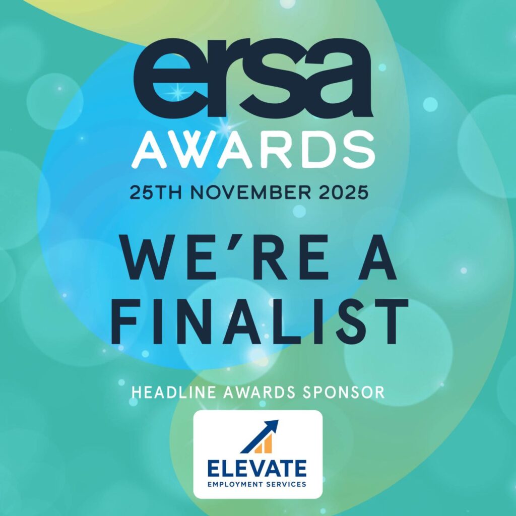 A graphic in light blue and light green. Text: ERSA awards, 25th November 2025. We're a finalist. It also features the logo of the headline awards sponsor Elevate.