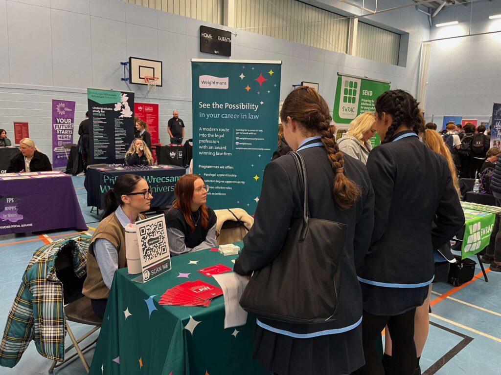A group of female students visiting a stand at the What Next Skills Show.