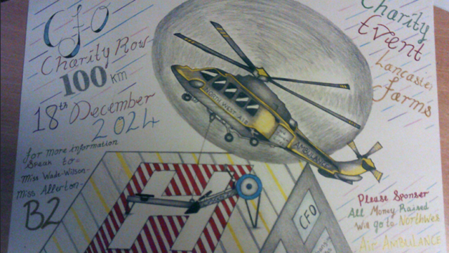 A hand-drawn poster promoting the CFO 100km Charity Row. It features a helicopter and a landing pad.