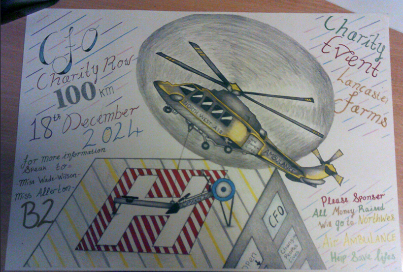 A hand-drawn poster promoting the CFO 100km Charity Row. It features a helicopter and a landing pad.