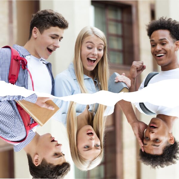 Three students smiling at their good exam results. Reflected below are the same students, upside down, with shocked expressions, presumably from getting bad exam results.