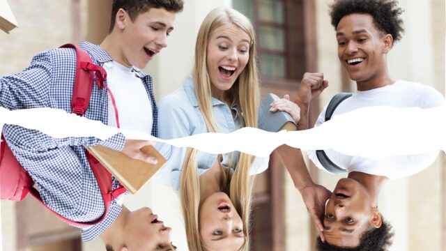 Three students smiling at their good exam results. Reflected below are the same students, upside down, with shocked expressions, presumably from getting bad exam results.