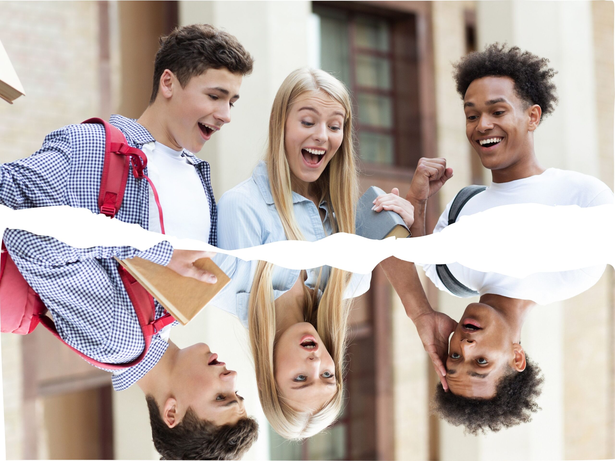 Three students smiling at their good exam results. Reflected below are the same students, upside down, with shocked expressions, presumably from getting bad exam results.