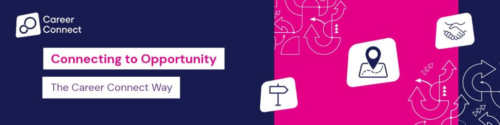 Header featuring icons of a signpost, map and shaking hands, depicting elements of the career journey. Set against Career Connect brand colours of navy and pink, and the words Connecting to Opportunity: The Career Connect Way