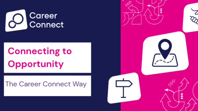 Header featuring icons of a signpost, map and shaking hands, depicting elements of the career journey. Set against Career Connect brand colours of navy and pink, and the words Connecting to Opportunity: The Career Connect Way
