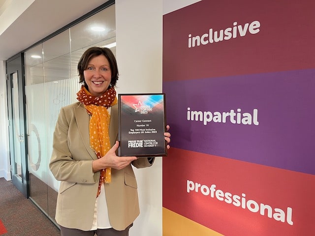 Danielle Kneale, Director of HR at Career Connect holding the plaque from the National Centre for Diversity commemorating the charity being in the Top 10 of most inclusive employers in the UK for 2023.
