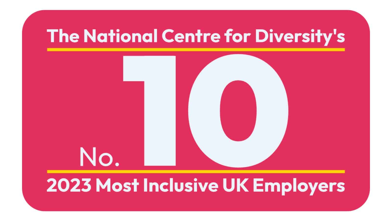 This is an image of the graphic saying "The National Centre for Diversity, Number 10, 2023 Most Inclusive UK Employers."
