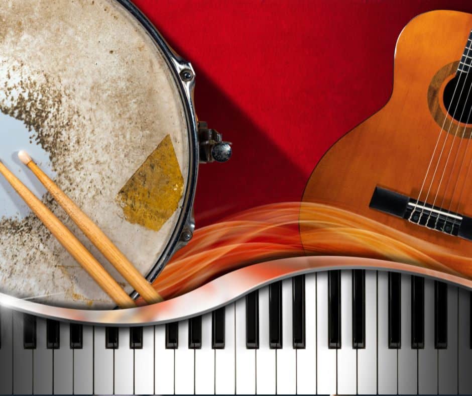 An image of musical instruments, including a keyboard, drum and guitar for the Music Minds Achieve CFO3 project.