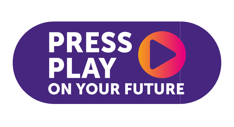 An image of the Press Play of Your Future logo - which is a purple lozenge shape with an orange, outlined 'play' button