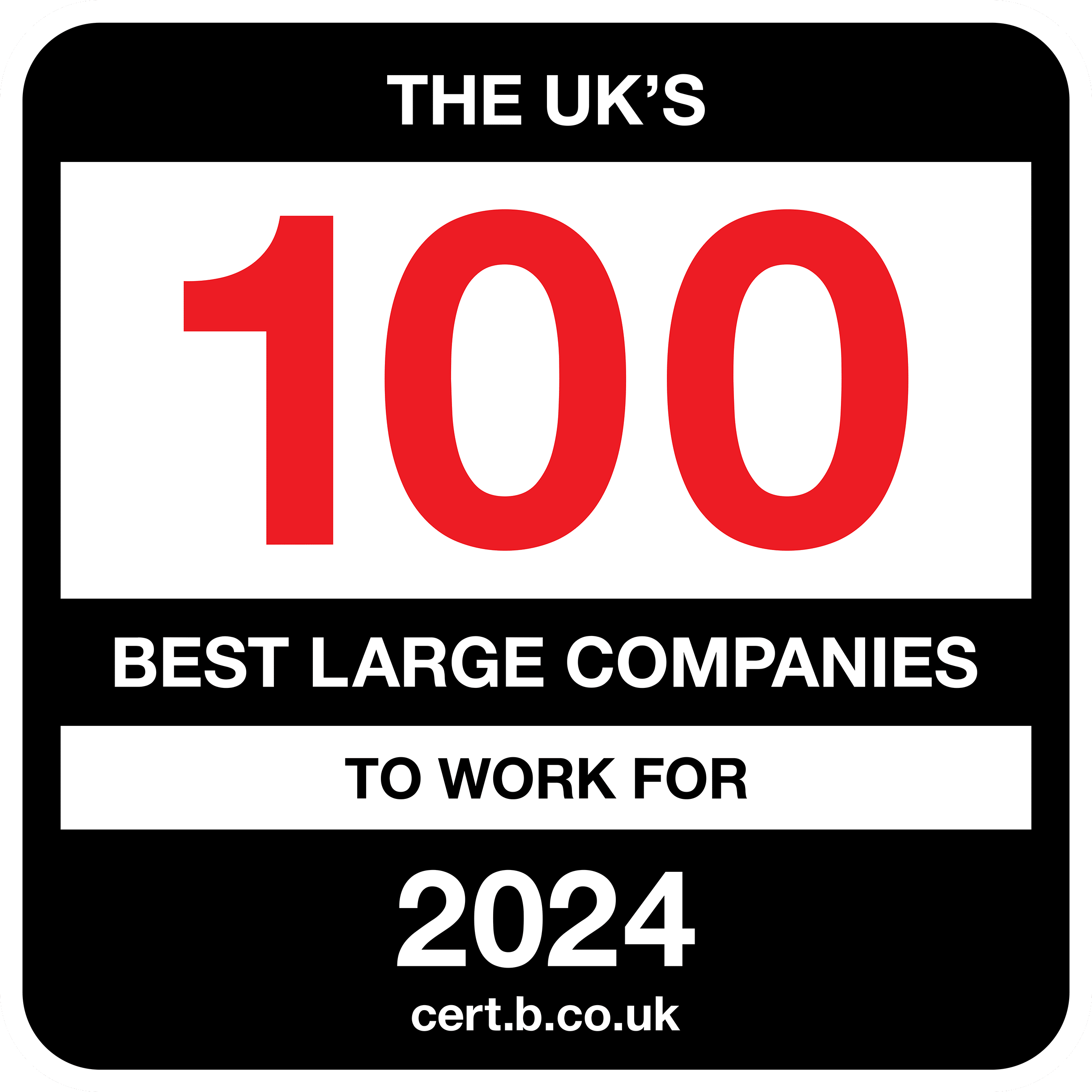 white, red and black infographic: The UK's top 100 best large companies to work for 2024