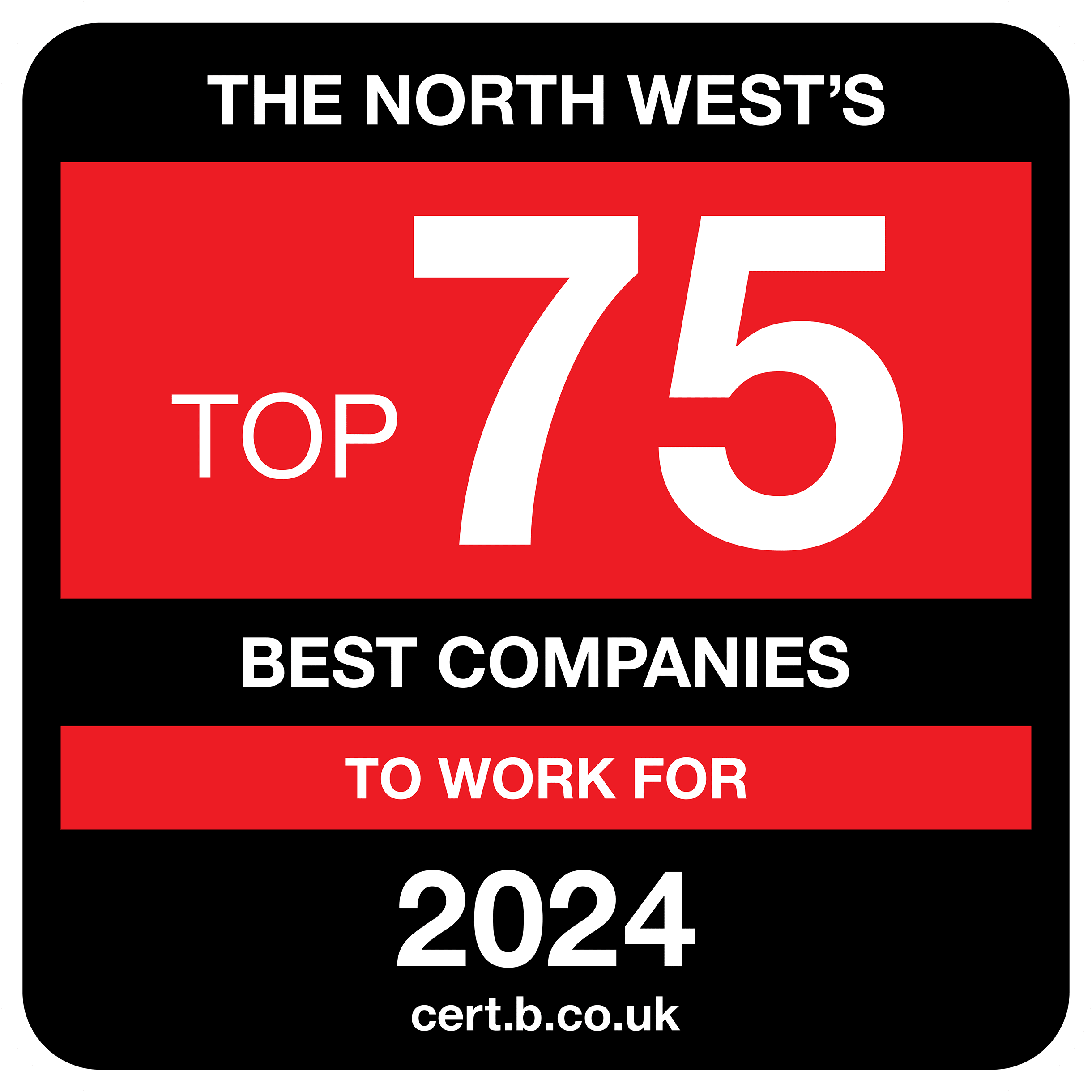 red and black infographic with text: The North West's top 75 best companies to work for 2024