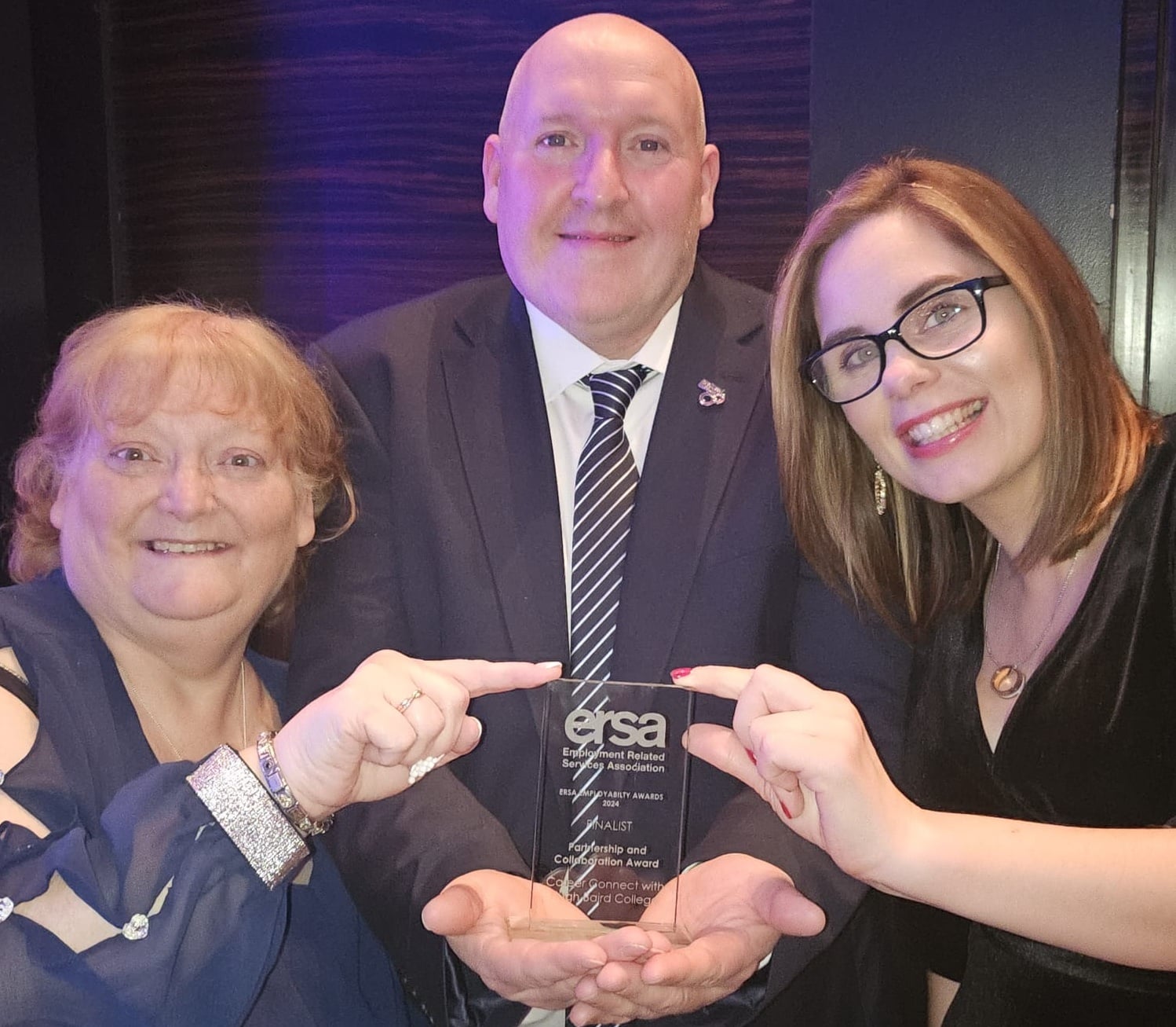 Paula Keith (left) and Kathryn Saunders (right) from Hugh Baird College with Stephen Walmsley (centre) from Career Connect receiving their Finalist acknowledgement award at the ERSA Awards 2024.