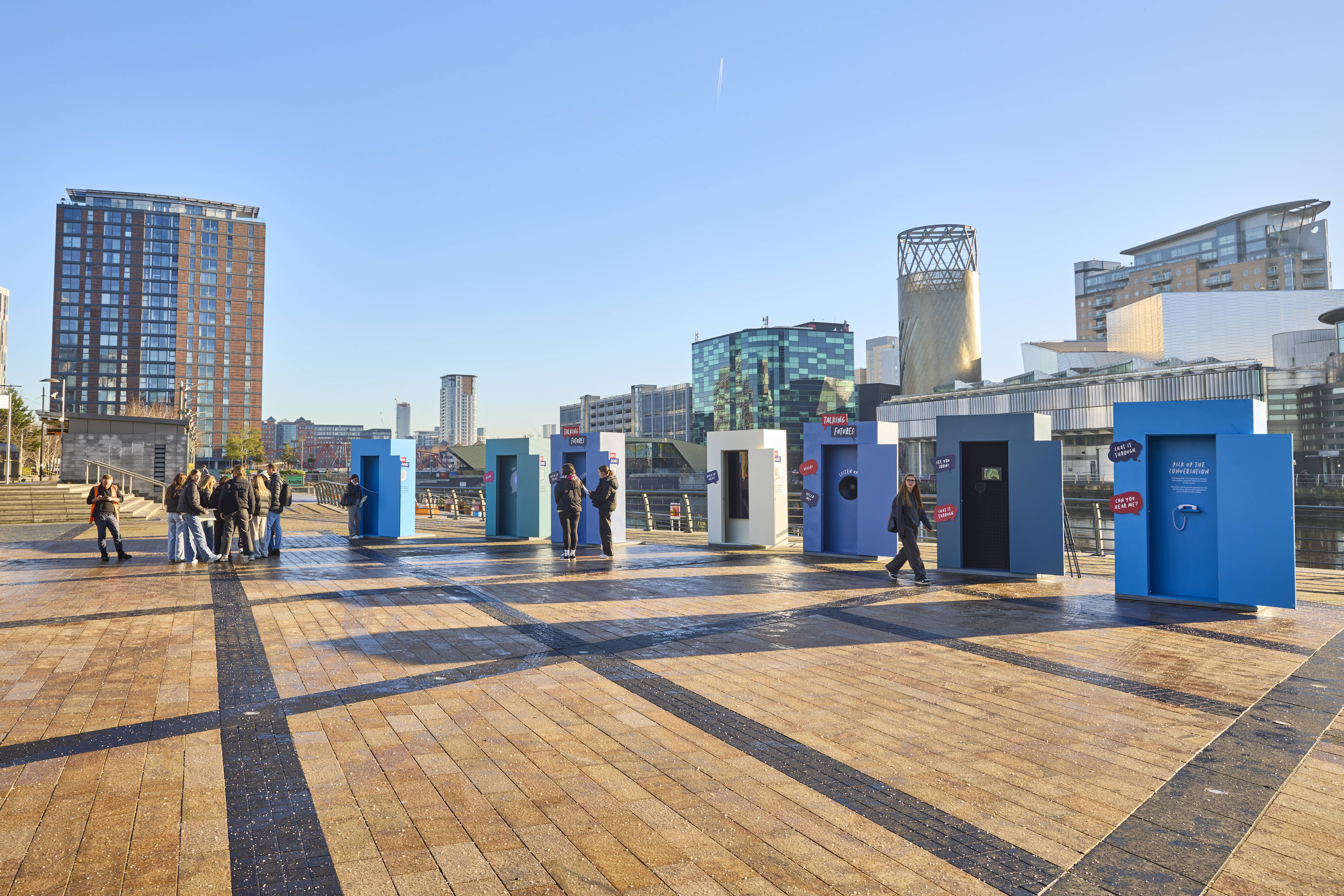 The installation booths (about the size of telephone boxes) on display near Lowry in Manchester for people to try out.